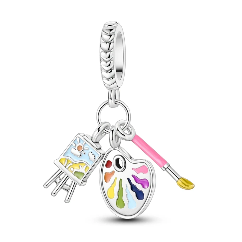 

925 Sterling Silver Charms Bead CZ Zircon Paintbrush Palette Easel Dangle Fit Original Bracelet DIY Women Jewelry