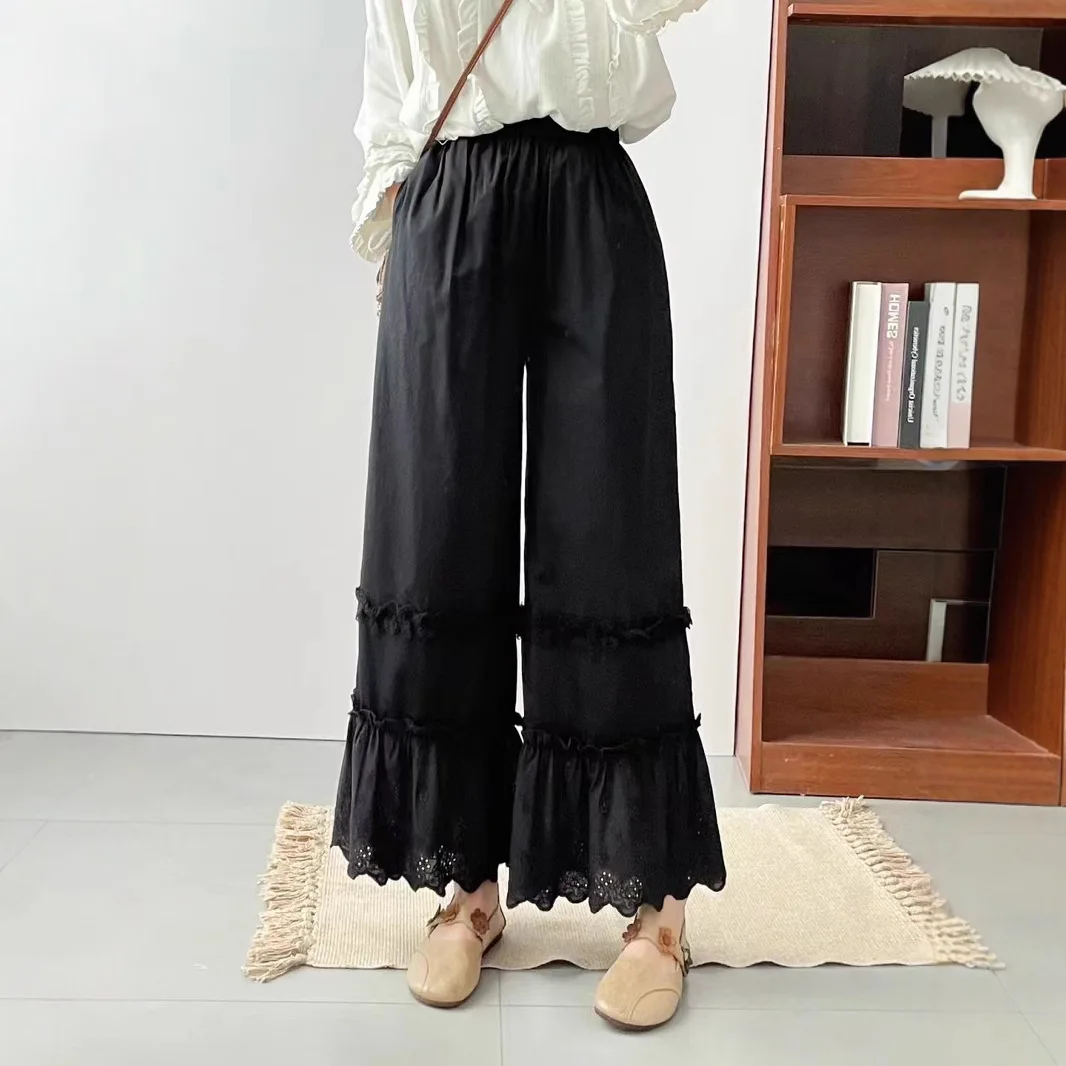 Japanese Sweet Mori Girl Embroidery Hollow Out Hem Wide Leg Pants Women Spring Summer New Elastic Waist Casual Loose Pants
