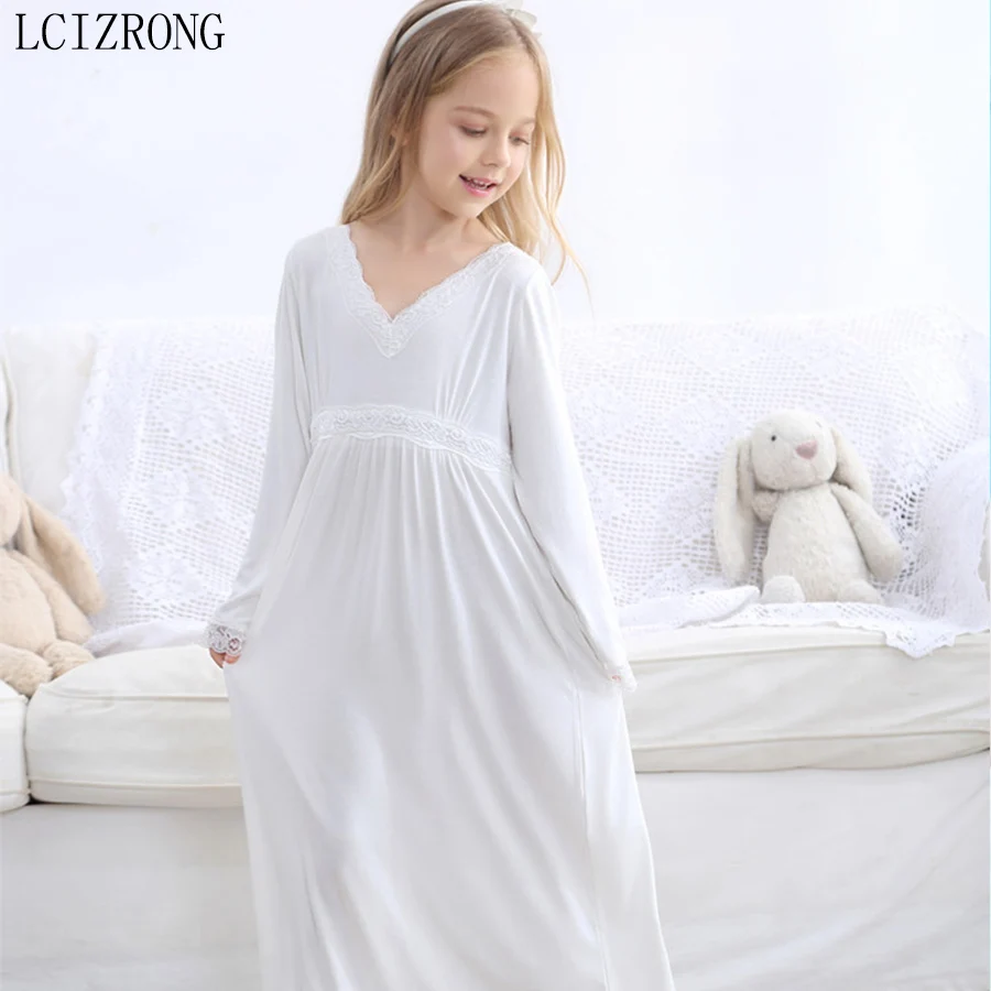 

Spring Long Sleeve Children Pajamas Dress Sweet Lace V Neck Midi Dress Sleepwear Kids Home Clothing Girl White Dress