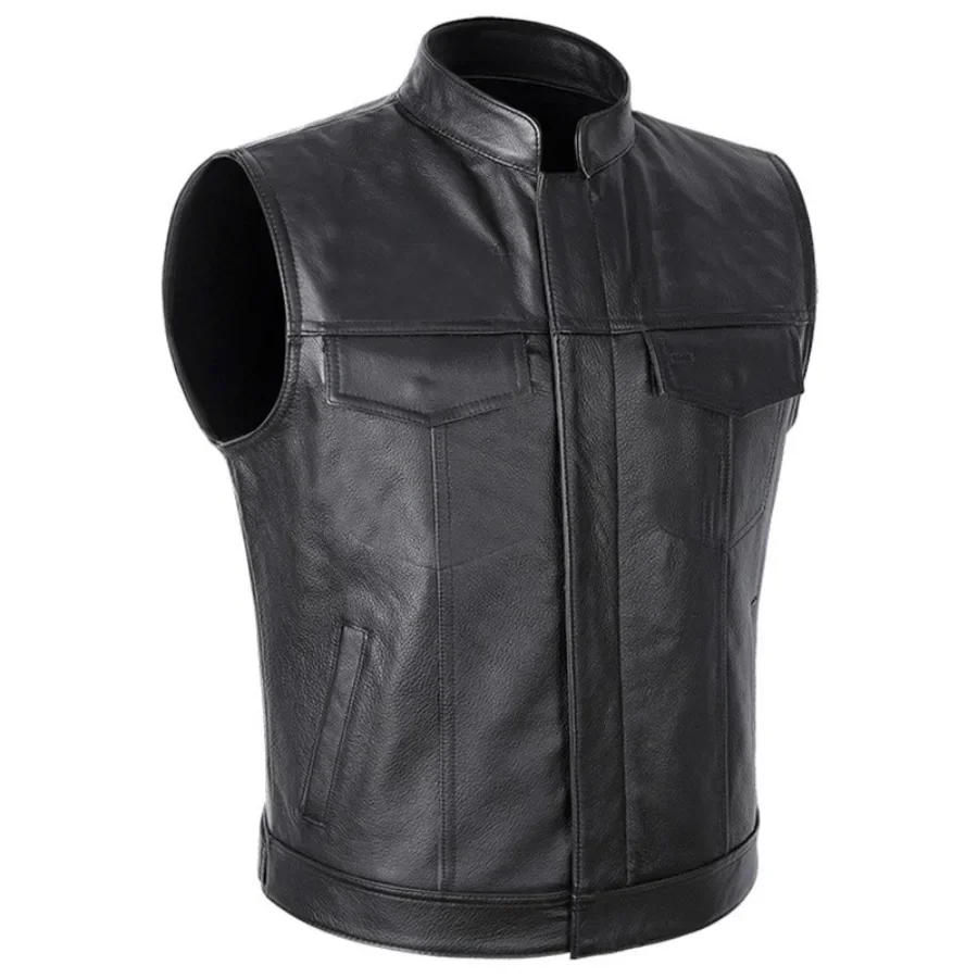 New Men's PU Leather Vest Black Zip Motorcycle Waistcoat Stand Collar Sleeveless Jacket Coats Fashion Retro Casual Vests for Men