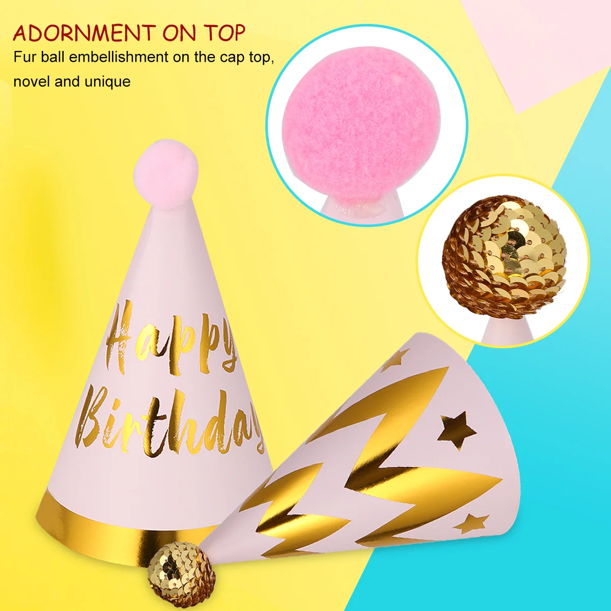 

6Pcs DIY Kids Birthday Hats Party Headwear Mixed Color Sequins Ball Adorable Costume Photo Props Kids Birthday Hats