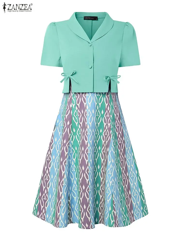 ZANZEA-vestido Vintage de verano para mujer, vestido elegante de oficina para mujer, vestido veraniego de moda 2025, Vestidos de vacaciones con estampado de lazo de manga corta