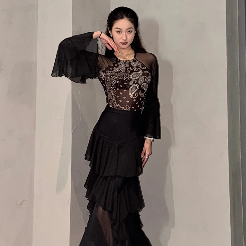 Vestido de baile de salón para mujer, traje de baile estándar moderno, ropa de entrenamiento de gasa, falda de práctica negra, Ropa de baile de salón 4910