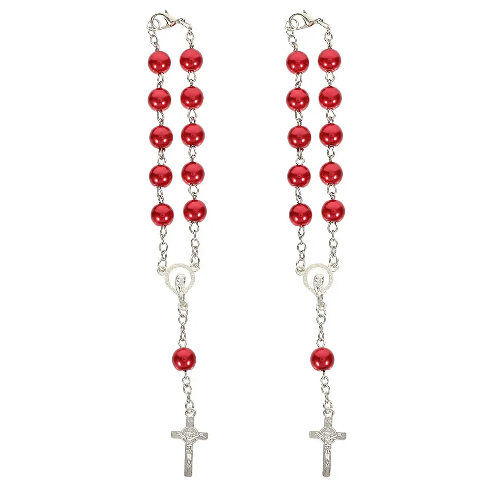 

2pcs Car Rosaries For Rearview Mirror Cross Pendant Catholic Prayer Beads Auto Hanging Accessories Women Men Silver Metal