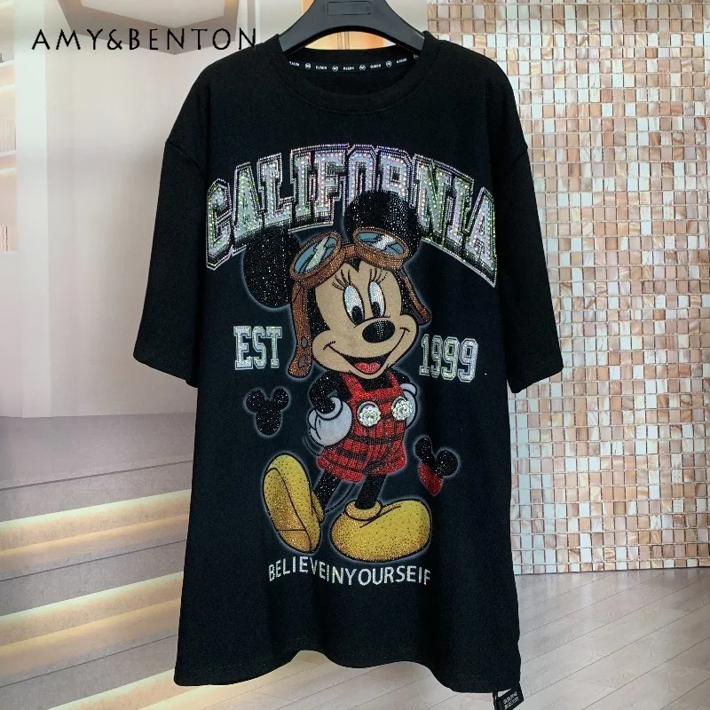 

Autumn Winter New Brushed Heavy Industry Rhinestone Sunglasses Cartoon Youthful Tshirts Fashion Loose Short Sleeved T-shirt Top