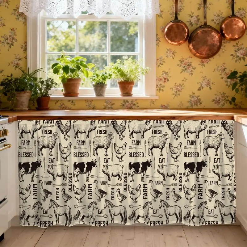 VIKAMA Farmhouse Livestock Animal Cabinet Curtain Hook and Loop No Drill Country Under Sink Skirt Vintage Kitchen Decor Cover