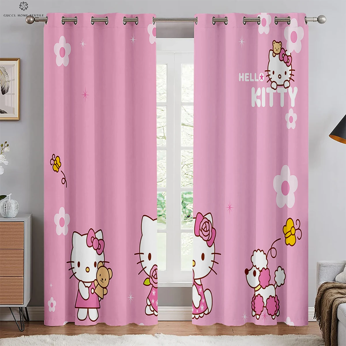 Window Curtains Pink Cute Cartoon Print Curtains Children\'s Room Rod Pocket Curtains Bedroom Living Room Study Kitchen Curtains