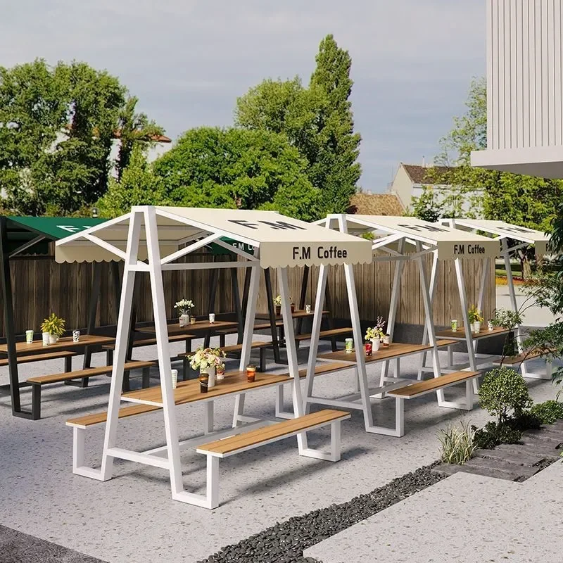 WPC Outdoor Dining Set Commercial Patio Table and Chairs Integrated Plastic Wood Furniture for Courtyard Street