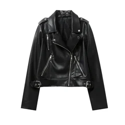 ZVRI 2024 Women's Spring Black faux-leather jacket Casual zipper and belt Cycling jacket Casual jacket jacket