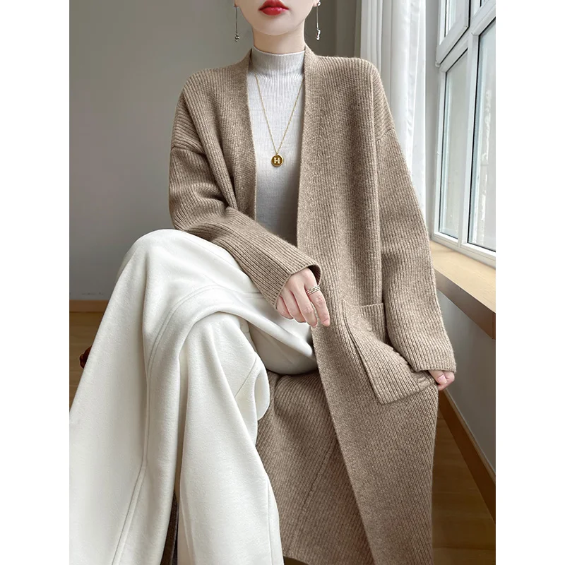 100%Australian Wool Long Cardigan Women\'s Autumn Winter High-Quality Long Sleeved Fashionable Loose Solid Color Knitted Long Top