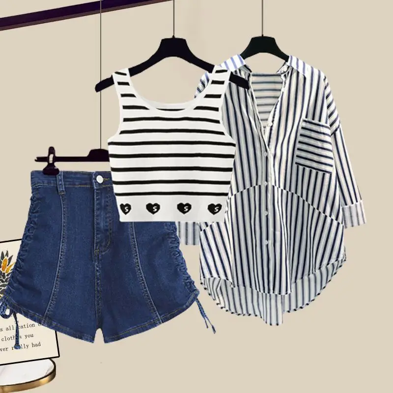 Striped Patchwork Chiffon Shirt Heart Printed Vest Drawstring Pleated Shorts Three Piece Elegant Women\'s Pants Set Casual Outfit