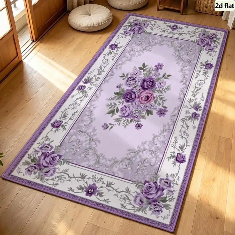 Carpet Flooring Purple Rose Floral Square Area Rug Vintage Lavender Bouquet Border Floor Carpet Home Bedroom Decor