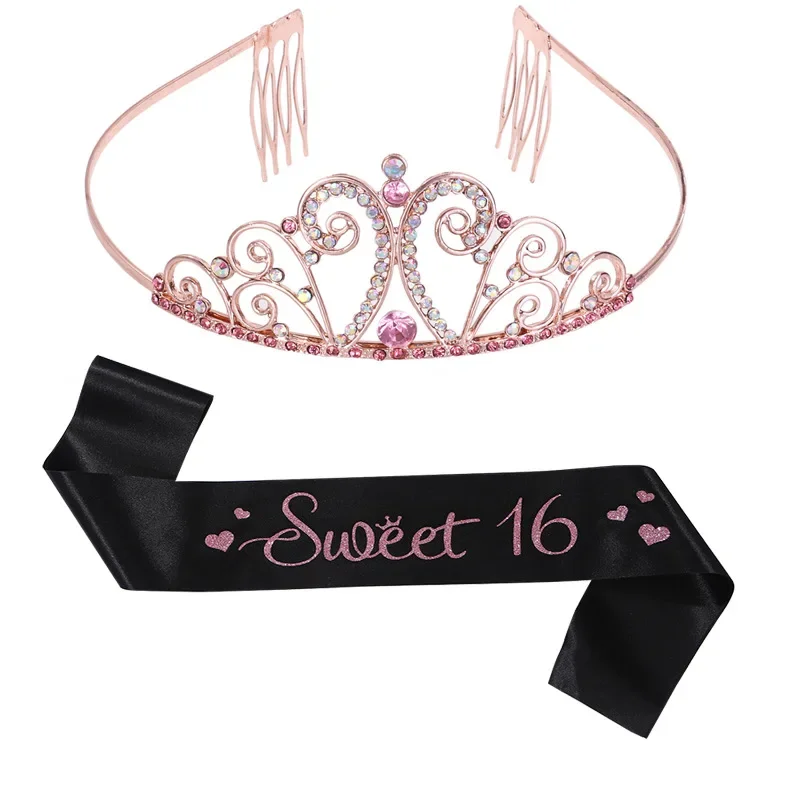 New Sweet16 Birthday Crown Shoulder Strap Set High-density Satin Bronzing Ceremonial Belt With Diamond Princess Crown Scrunchies