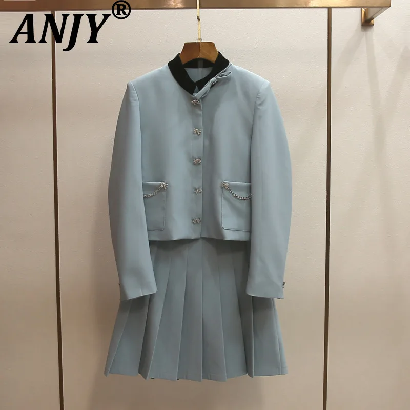 ANJY Spring Autumn New Women High-End Bow Patchwork Coat Pleated Skirt Set Elegant Fashion Tide Sweet Style Ins Two-Piece A20006