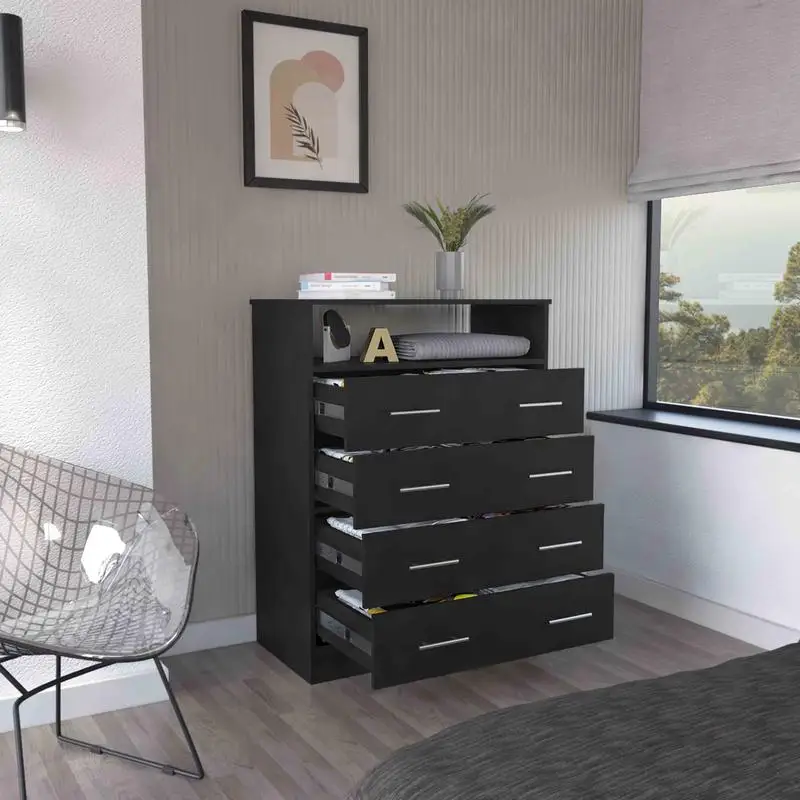 Commode à quatre tiroirs, dessus supérieur, étagère ouverte - Finition noire