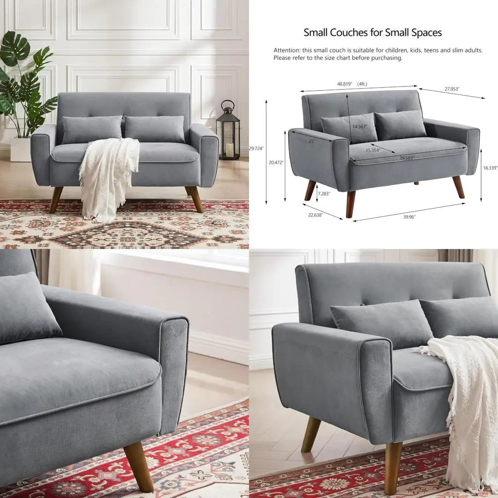 Sofá de dos plazas moderno de mediados de siglo con cojines traseros y patas de madera para comodidad en la sala de estar