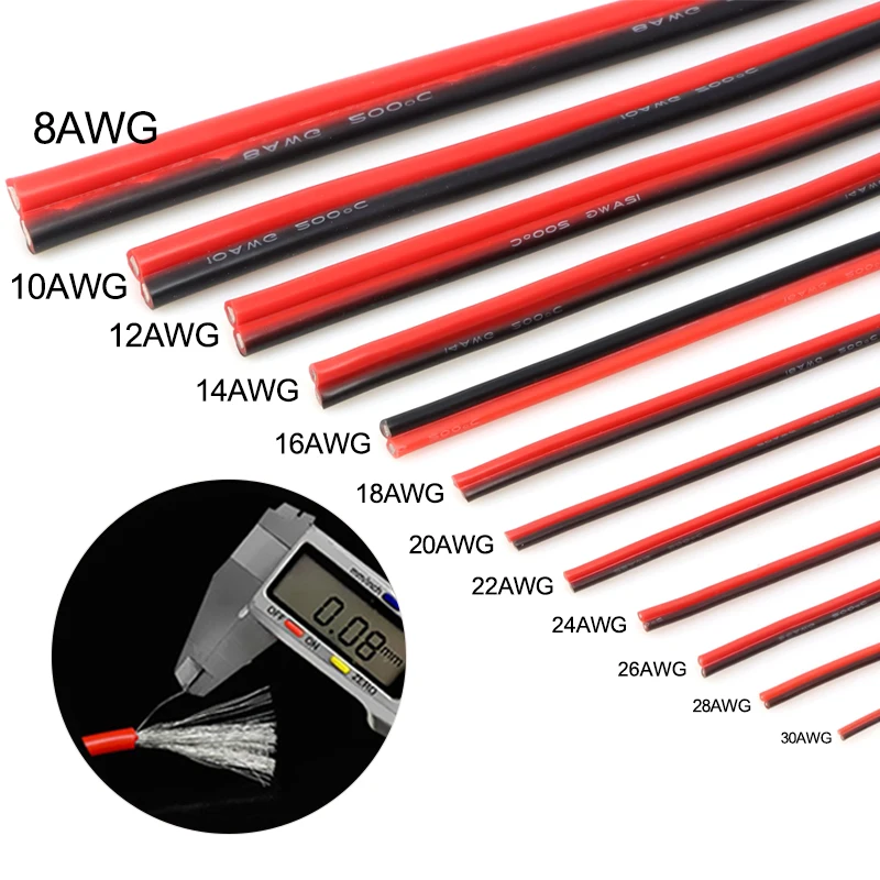 1/3/5m Silicone Cable 2Pin Solar Panel Electrical Wire Heat Resistant  30 26 24 22 20 18 16 14 12 10 8 AWG for Car Auto Battery