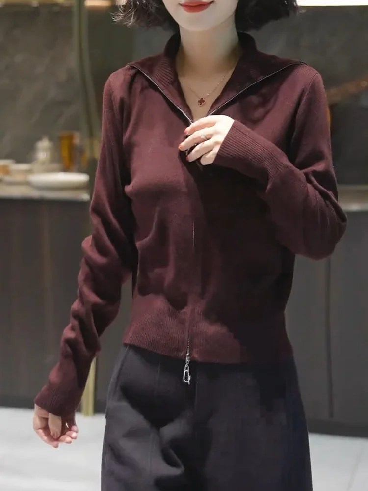 

Модный вязаный кардиган на молнии в европейском стиле, больших размеров, стройнящий, универсальный, с открытым передом, с длинными рукавами, шерстяной свитер