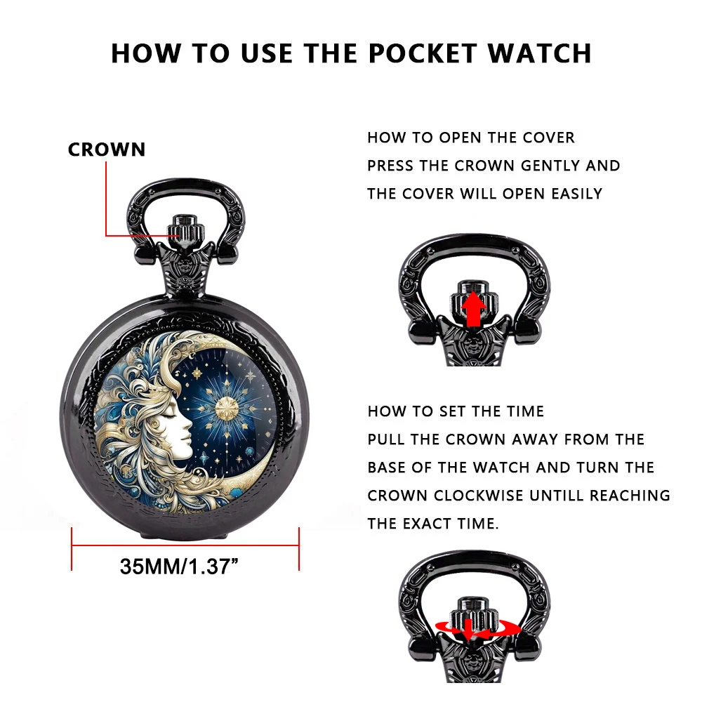 ساعة جيب كوارتز من آلهة الشمس والقمر للنساء والرجال والأطفال، ساعات كلاسيكية فريدة من نوعها وسلسلة مجوهرات وقلادة هدية