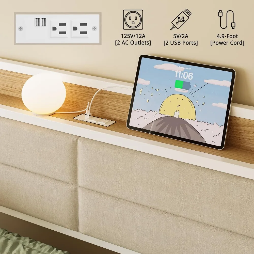 Tempat Tidur Daybed dengan Trundle, Rangka Tempat Tidur Twin XL dari Logam Kokoh dengan Sandaran Kepala Berlapis dan Stasiun Pengisian Daya untuk Ruang Tamu