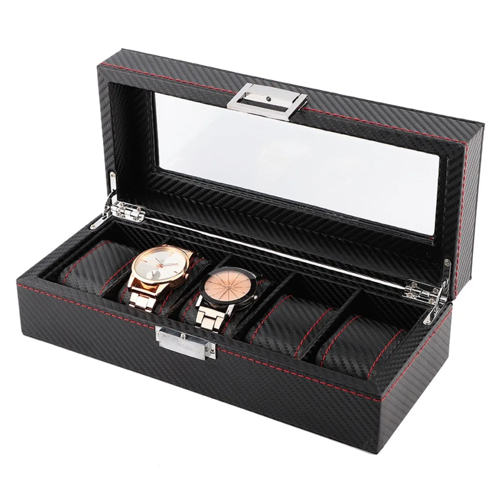 

Portable Carbon Fiber Watch Box 5-Slot Clear Window Watch Case Red Stitching Twill Display Case Gift