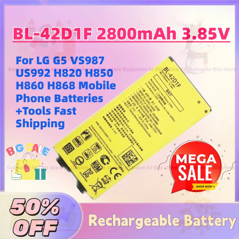 

BL-42D1F 2800mAh 3.85V Replacement Battery for LG G5 VS987 US992 H820 H850 H860 H868 Mobile Phone Batteries +Tools Fast Shipping
