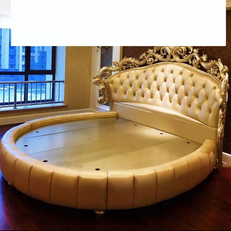 European romantic French villa solid wood master bedroom round wedding bed neoclassical leather round bed