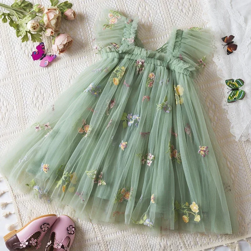 New Girls\' Dress for Princess Birthday Party Sweet Baby Girls Dress Back Bow Wings Fairy Strap Embroidered Butterfly Mesh Dress