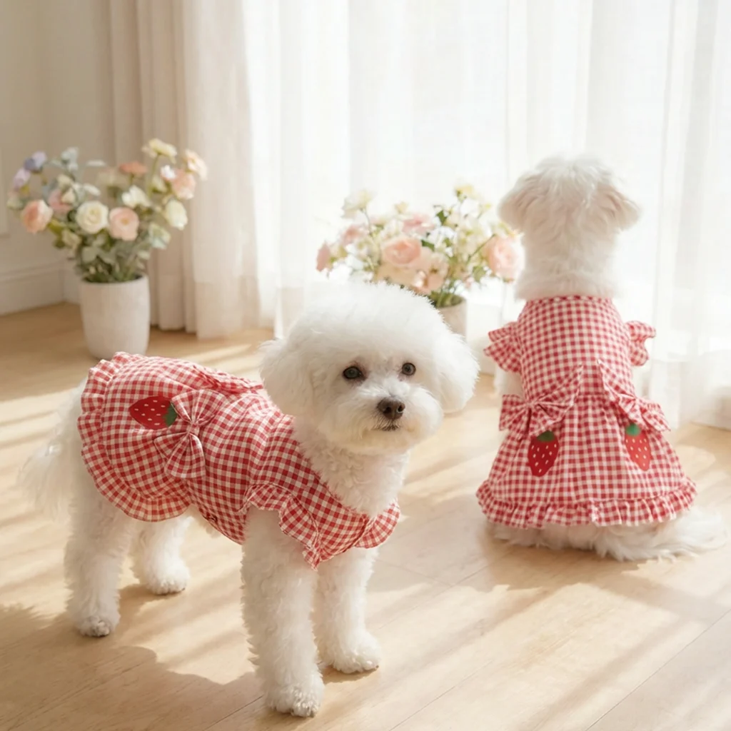 Vestido a cuadros rojo y blanco con fresas para perros y gatos - imagen 2