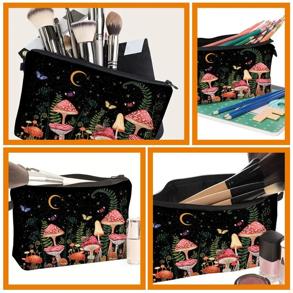 Portable Mushroom Print Cosmetic Bag Large Capacity Zipper Makeup Organizer Polyester Toiletry Bag view 5