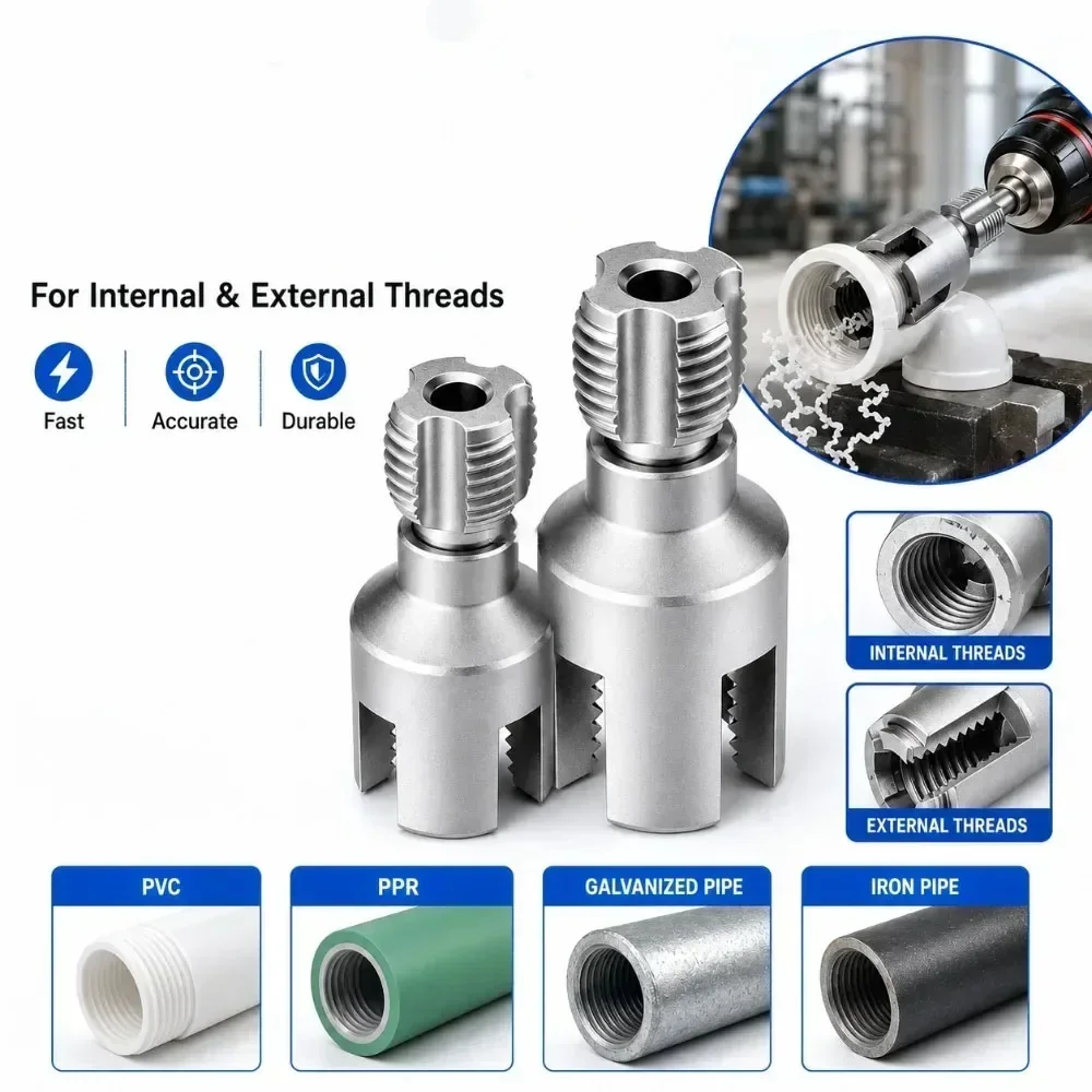 Integrated Pipe Thread Cutting Tool Internal External Electric Drill Compatible PVC Pipe Threader Kit for Plumbing Installation