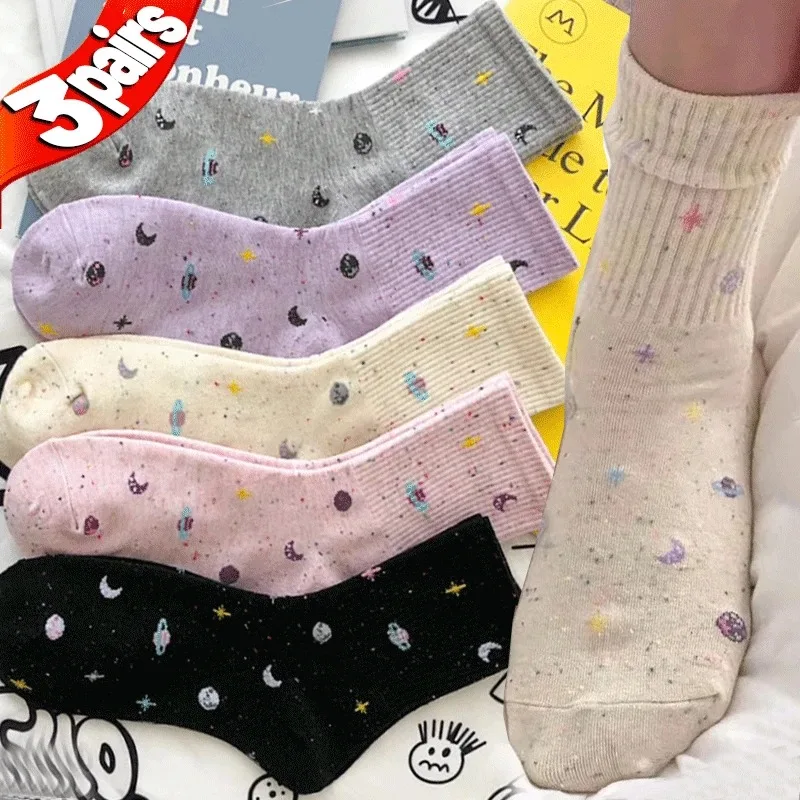

Harajuku Funny Moon Stars Pattern Socks Sweet Women Planet Space Tube Sock Women Colorful Warm Cute Casual Streetwear Meias
