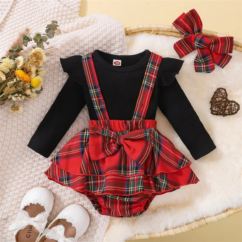 

Newborn Girl 3Pcs Outfits Long Sleeve Round Neck Pullover + Plaid Pattern Ruffles Suspender Short Pants + Decorative Hairband