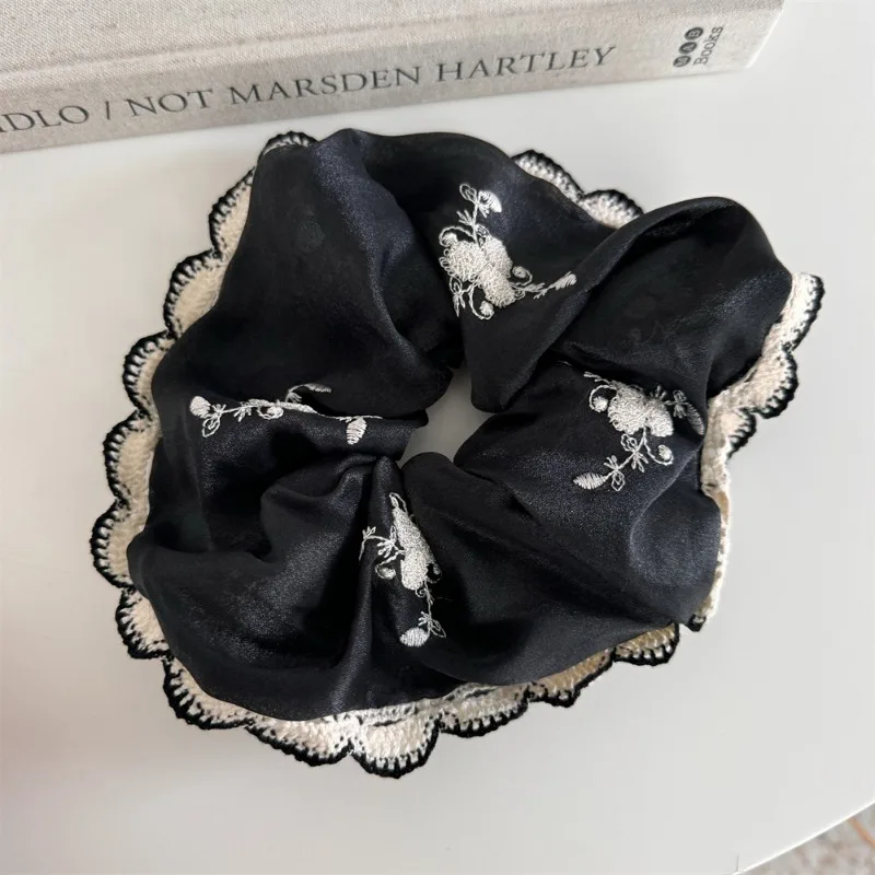 Vintage Fashion Black Embroidered Flower Hairrope Large Scrunchie Hair Loop Elegant Tie Ponytail Hairband Head Rope Headwear