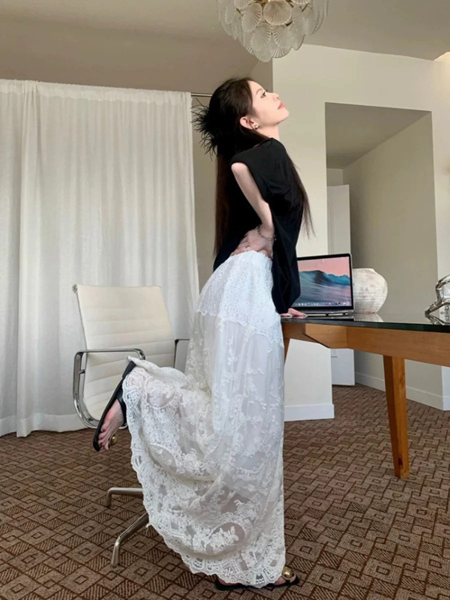 Heavy Embroidery White Lace A-Line Midi Skirt Women's Summer High Waist Slimming Large Skirt Mid-Length Korean Style Commute