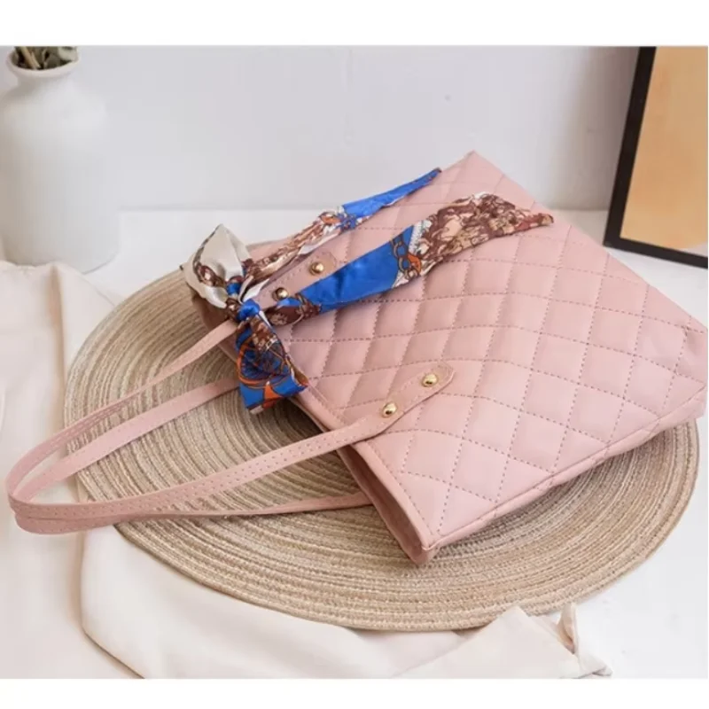 Simple Large Capacity Embroidery Bag with Scarf PU Shoulder Bags Tote Bag Bucket Bag For Women