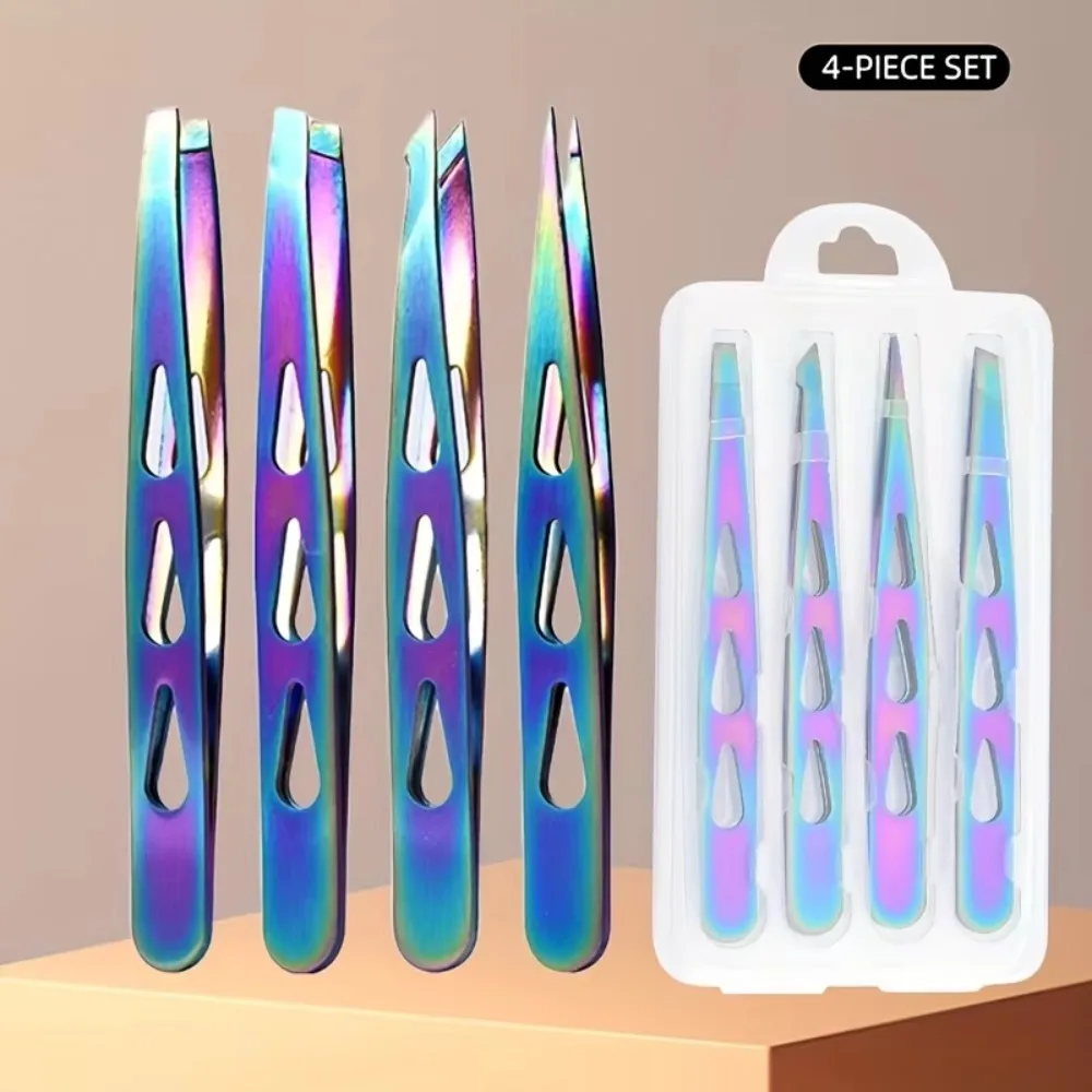 4PCS/Set Stainless Steel Eyebrow Tweezers Pointed Tip Multifunctional Beard Tweezers Portable Oblique Mouth Eyelash Tweezers