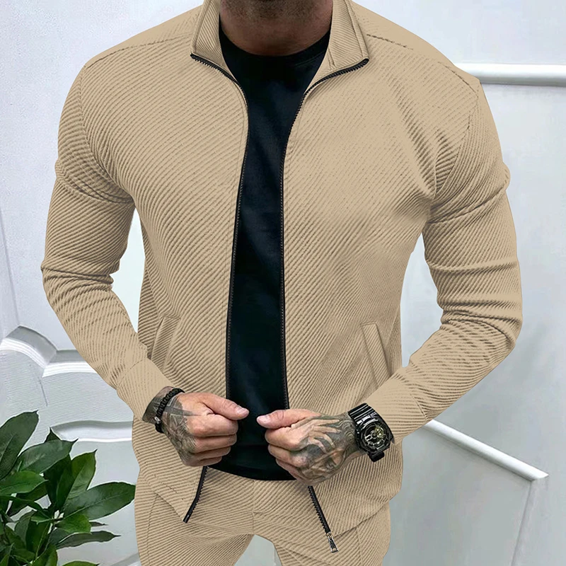 Fashion Solid Color Textured Jackets Men 2024 Fall Casual Turn-down Collar Zip-up Coats Mens Vintage Long Sleeve Slim Outerwear