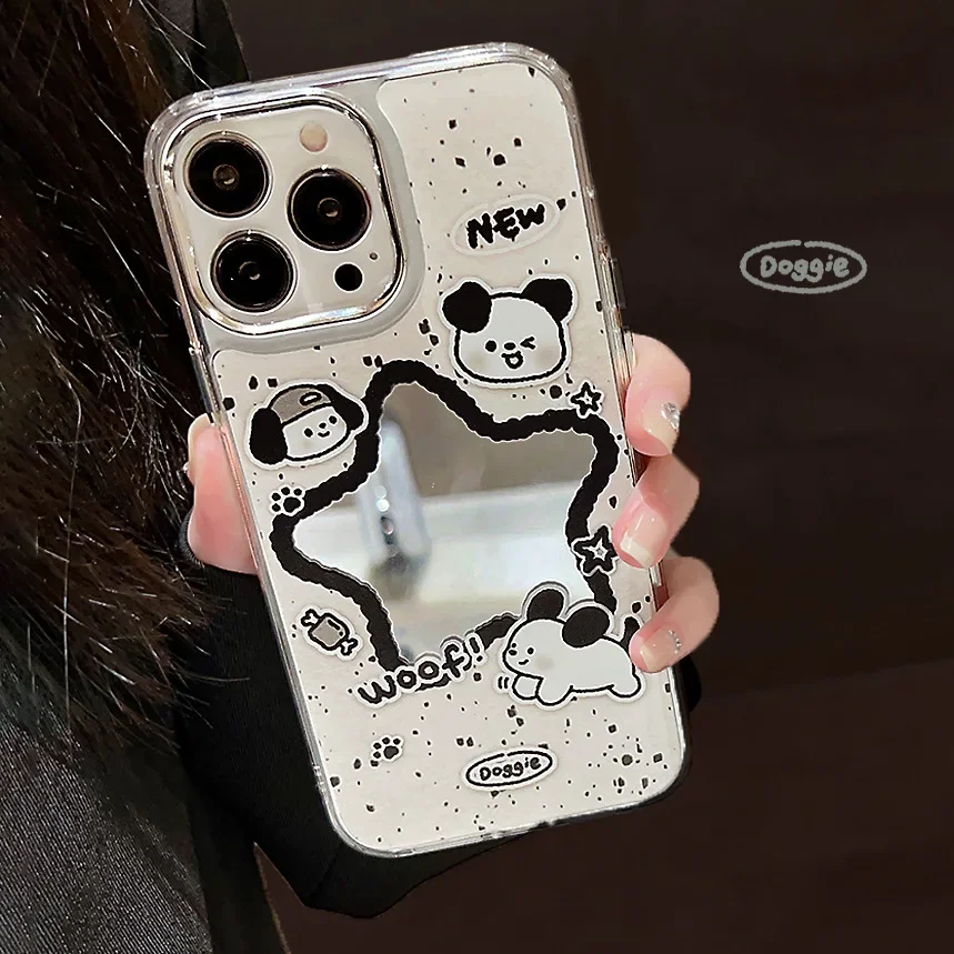 Comic puppy Splash ink star plating Mirror shell Phone Case For iPhone 15 14 13 12 11 Pro Max Case Cute Funny cartoon Soft Cover