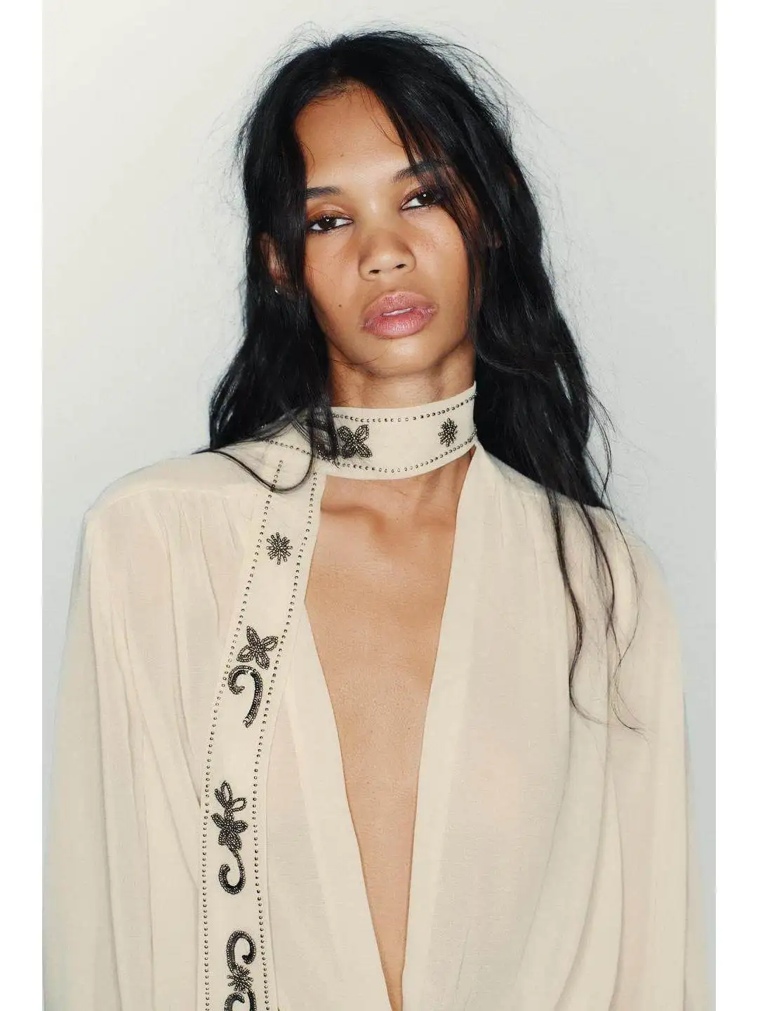 Écharpe perlée décorative longue Sve v-ne f Transparent Double bouton avant irt français Sle coupe ample régulière mince