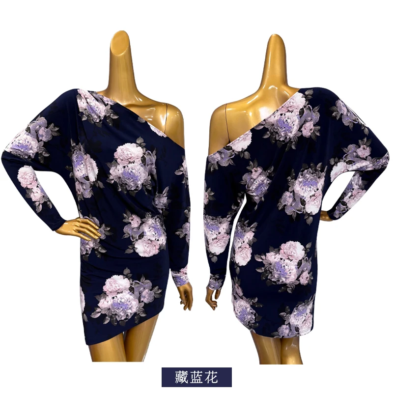 2023 neue Latin Dance Kleid Für Frauen Lange Ärmeln Schräge Schultern Lose Fit Kleid Chacha Rumba Tango Praxis Kleidung DQS21035