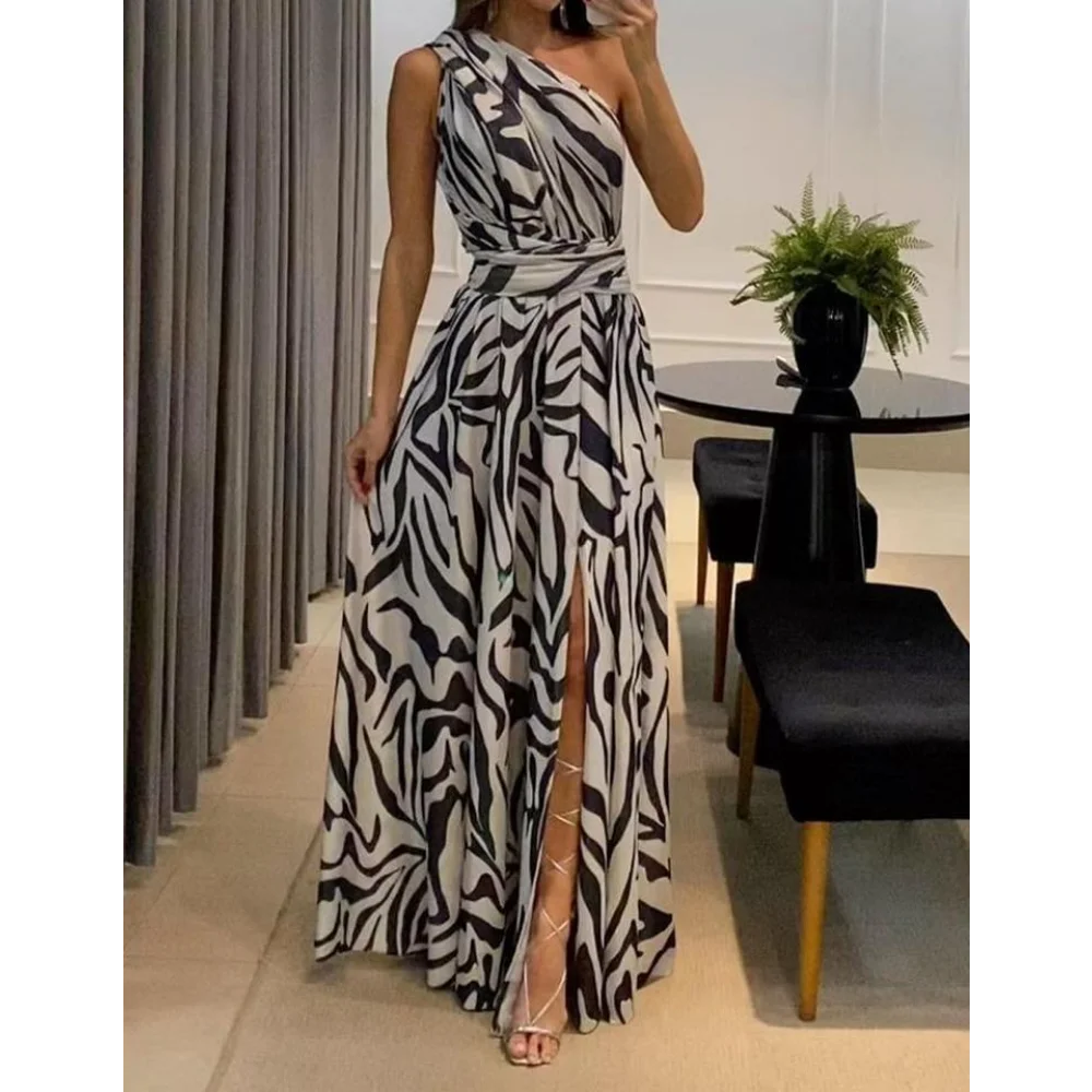 Summer New Women's Sexy One-shoulder Sleeveless Printed Dress Striped Hanging Neck High-waisted Open Fork Mid-length Dresses