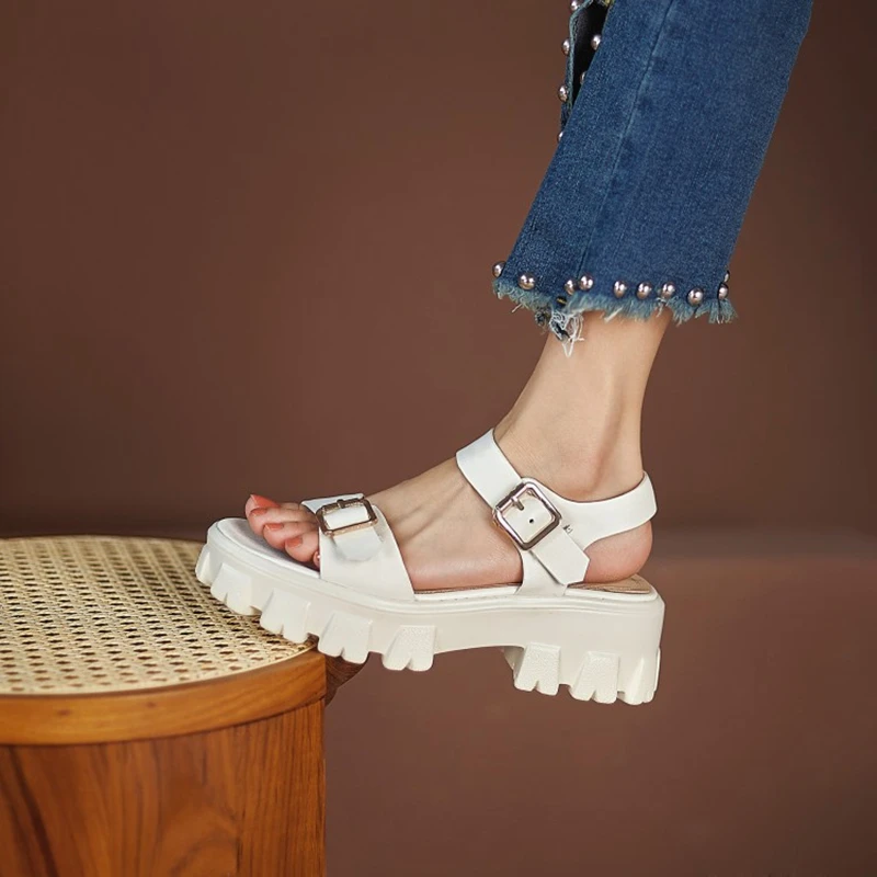 2024 New Summer Women Shoes Concise Thick Heel Leather Sandals Platform Shoes Platform Sandals White Genuine Leather Flats black