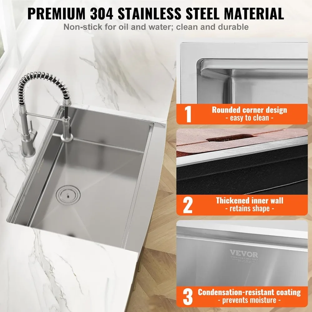 33 Inch Kitchen Sink, 304 Stainless Steel Sink, Top Mount Single Bowl Kitchen Sinks with Ledge & Accessories, Dishwasher Sinks