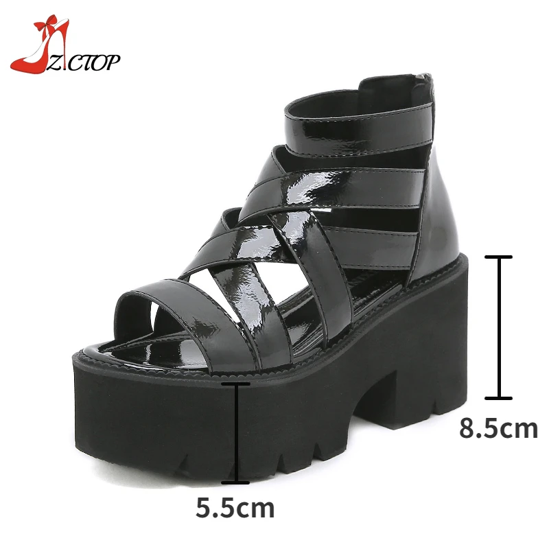 Summer Platform Gladiator Sandals Women Open Toe High Heels Thick Bottom Sandals with Zipper Punk Goth Shoes Plus Size 42 43