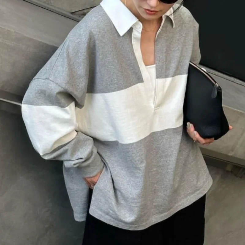 Turn Down Collar Long Sleeve Hoodies Women Contrast Color Patchwork Striped Hoodie Japanese Sweatshirts Loose Casual Hoody