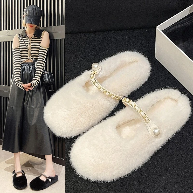 New Style Women's Autumn and Winter Thick Bottom Plush Cotton Slipper Outside Wear Baotou Soft Bottom Slippers Pearl Accessories