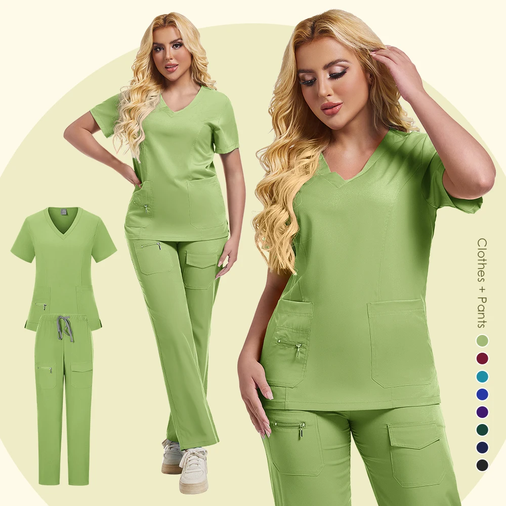 Stylish multi-color overalls Short sleeve V-neck top and jogging pants set Care uniform Pet Doctor scrub medical accessories