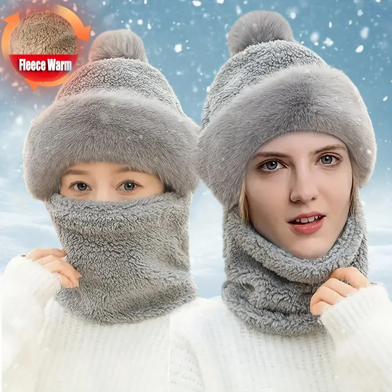 

Winter Scarf Hat Set Hooded for Women Plush Neck Warm Russia Outdoor Ski Windproof Hat Cap with Mask Thick Plush Fluffy Beanies