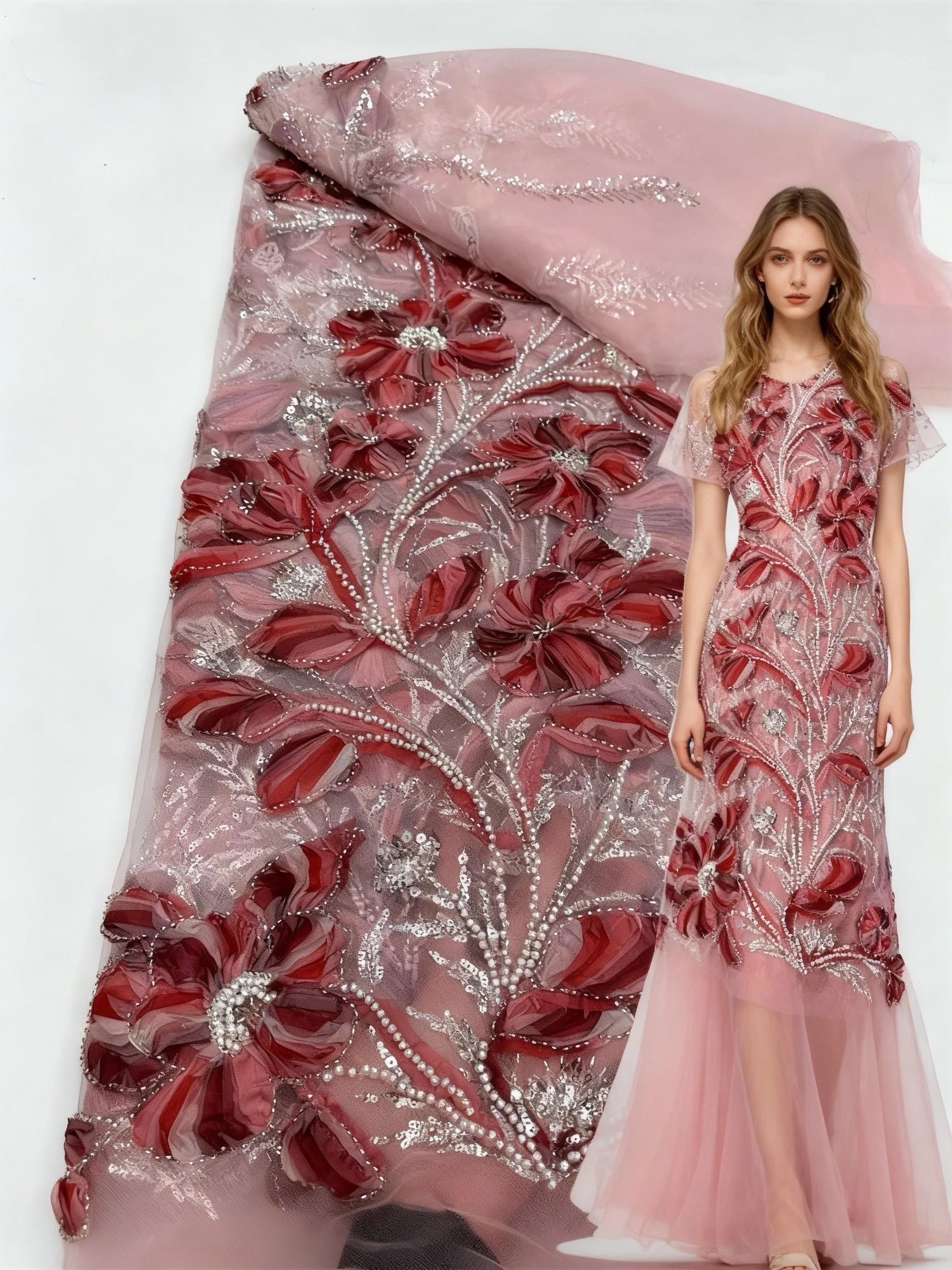 

African 3D Flowers Sequin 2025 Latest Hot On Sale African French Party Lace Fabric Tulle Nigerian Beads Fabric For Wedding Dress